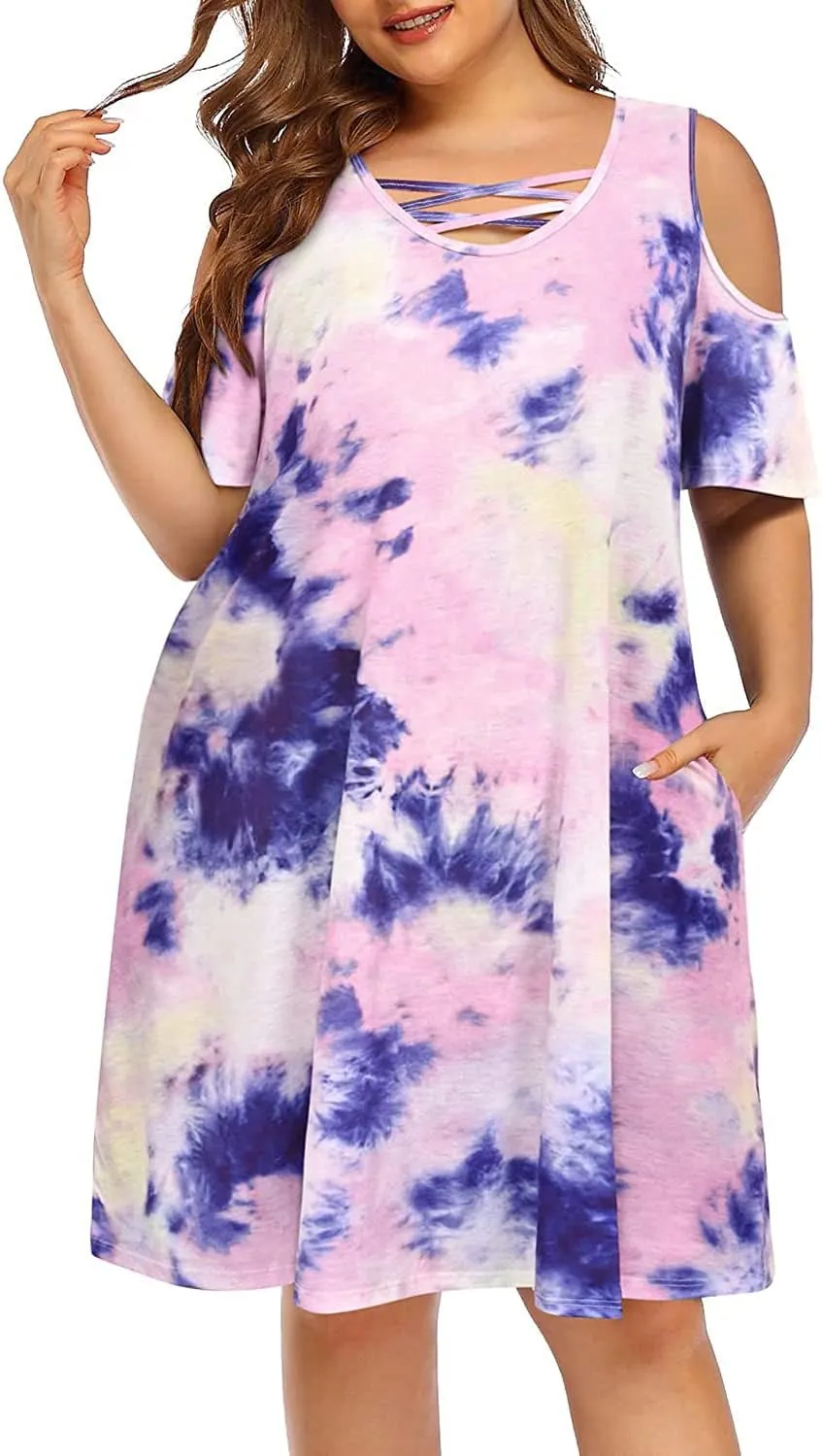 Pinup Fashion Women's Plus Size Sun Dress Cold Shoulder Casual T-Shirt Knee Length Sundresses with Pockets