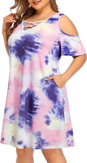 Pinup Fashion Women's Plus Size Sun Dress Cold Shoulder Casual T-Shirt Knee Length Sundresses with Pockets