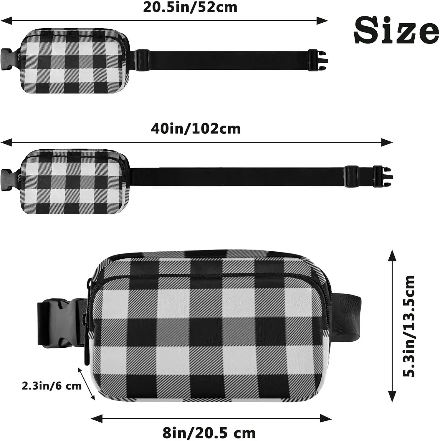 Plaid White Black Fanny Packs for Women Crossbody Bags Everywhere Belt Bag with Adjustable Strap Fashion Waist Pack for Travel Daily Running