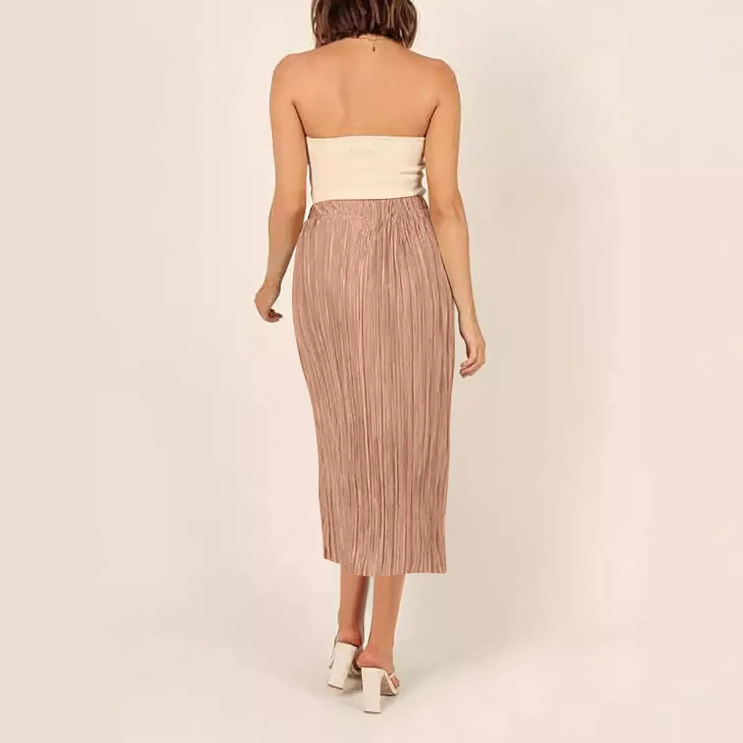 Pleated Midi Skirt for Women Elastic High Waisted Side Slit Thigh Skirts Casual Summer Solid Fashion A line Skirt