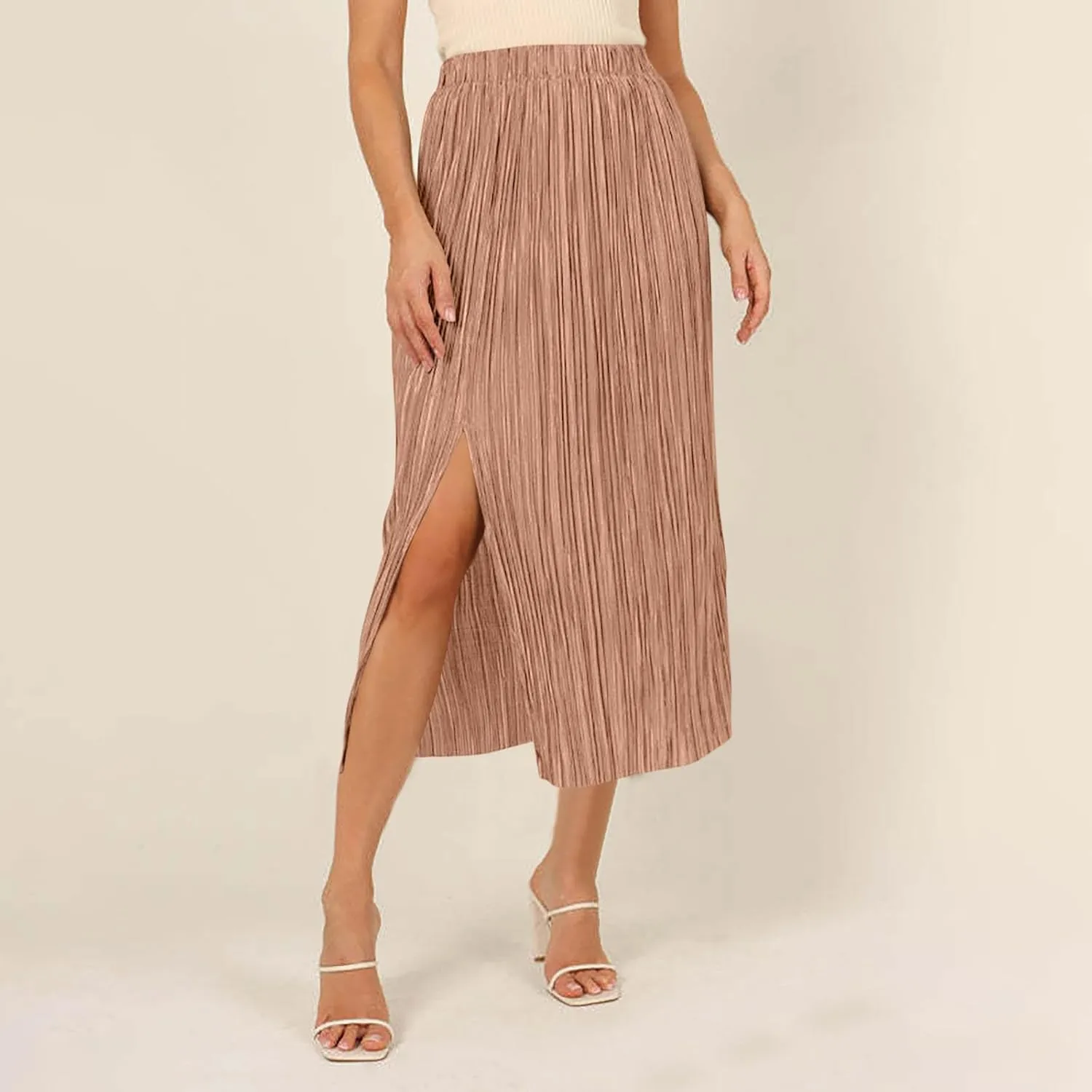 Pleated Midi Skirt for Women Elastic High Waisted Side Slit Thigh Skirts Casual Summer Solid Fashion A line Skirt