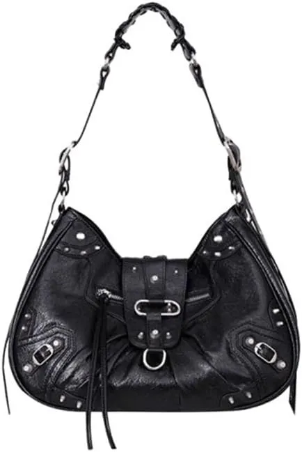 Pleated Y2k Purse for Women - PU Leather Rivet Punk Hobo Tote Bag, Black Shoulder Crossbody Bag