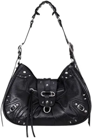 Pleated Y2k Purse for Women - PU Leather Rivet Punk Hobo Tote Bag, Black Shoulder Crossbody Bag