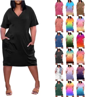 Plus Size Dresses for Curvy Women 2025 Oversized V Neck Short Sleeve Midi Dress Casual Summer T Shirt Dress w/Pockets