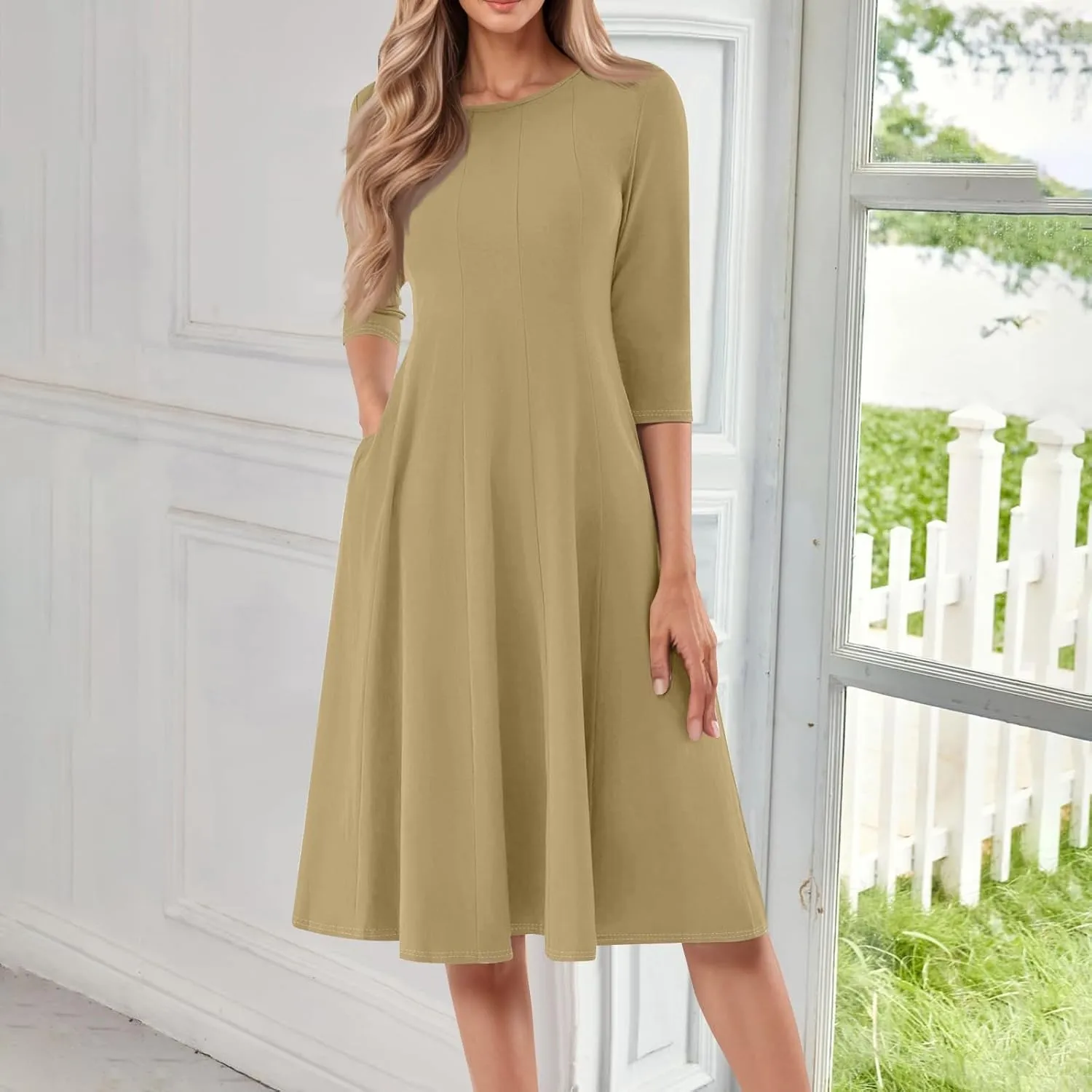 Plus Size Dresses for Curvy Women Casual Loose Trendy Crew Neck 3/4 Sleeve Solid Midi Dress Plus Size, S-3XL