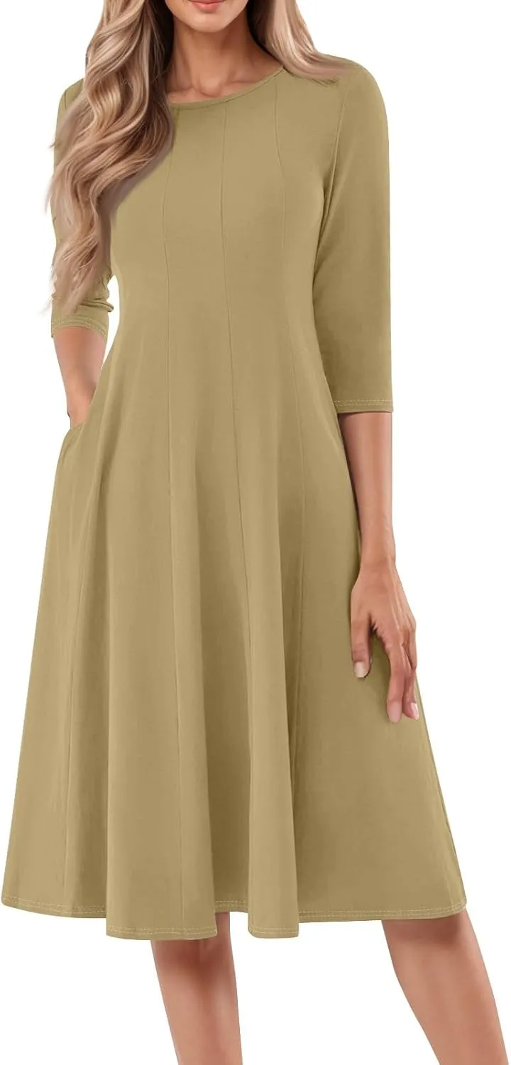 Plus Size Dresses for Curvy Women Casual Loose Trendy Crew Neck 3/4 Sleeve Solid Midi Dress Plus Size, S-3XL