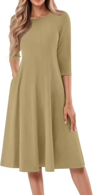 Plus Size Dresses for Curvy Women Casual Loose Trendy Crew Neck 3/4 Sleeve Solid Midi Dress Plus Size, S-3XL
