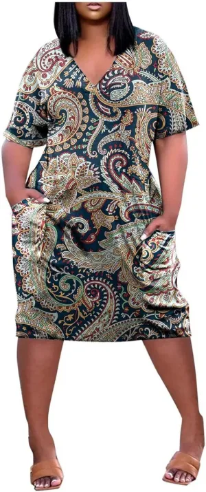 Plus Size Dresses for Curvy Women,2024 Summer Casual V Neck Short Sleeve T Shirt Dress with Pockets Daily Midi Dress