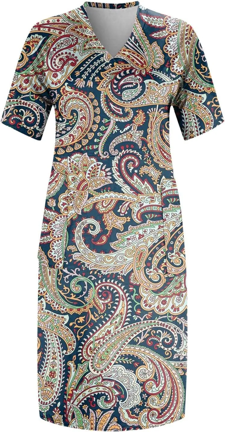 Plus Size Dresses for Curvy Women,2024 Summer Casual V Neck Short Sleeve T Shirt Dress with Pockets Daily Midi Dress