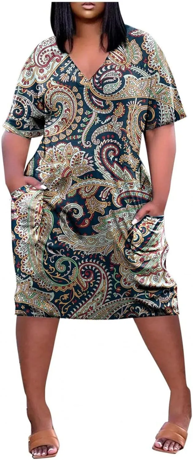 Plus Size Dresses for Curvy Women,2024 Summer Casual V Neck Short Sleeve T Shirt Dress with Pockets Daily Midi Dress