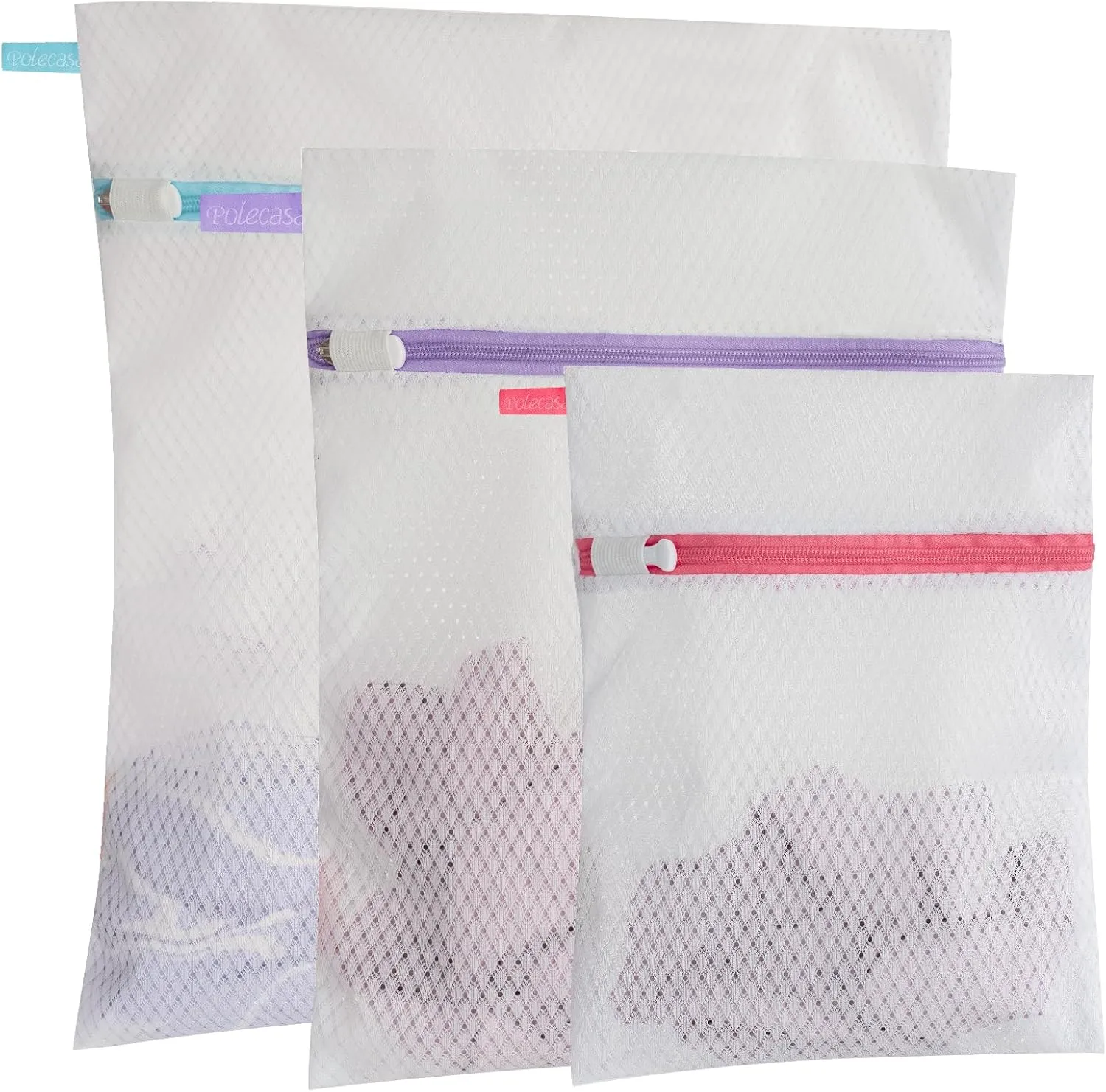 Polecasa Premium 125g Diamond Mesh Laundry Bags with Sturdy Zipper for Delicates - 3 Pack Durable Laundry Wash Bags - Protect Clothes in Washing Machine - 1 Large, 1 Medium, 1 Small