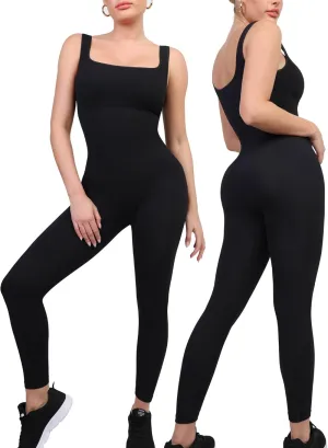 Popilush Jumpsuits for Women Square Neck Sleeveless Bodycon Rompers Ribbed Plus Size Outfits Workout Sets Black XXL