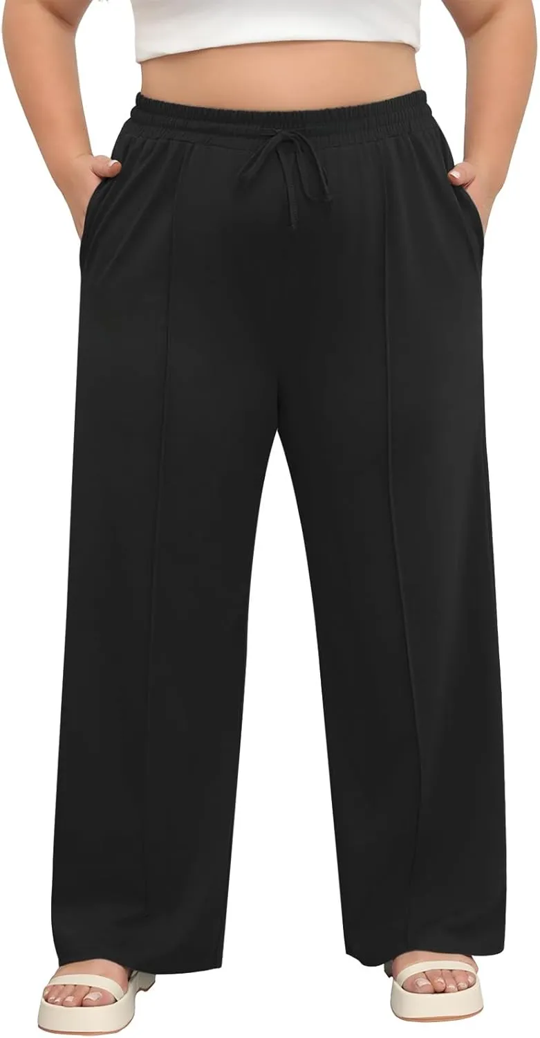 POSESHE Womens Plus Size Pants Casual Elastic Waist 2024 Summer Wide Leg Loose Fit Drawstring Trousers Sweatpant with Pockets