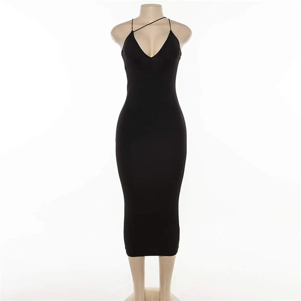 PRIMODA Women's Sexy Neon Asymmetrical Spaghetti Strap Dress Deep V-Neck Sleeveless Bodycon Midi Club Dress