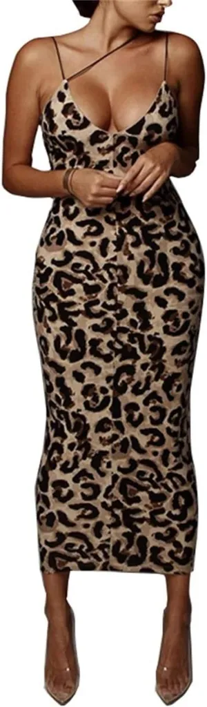 PRIMODA Women's Sexy Neon Asymmetrical Spaghetti Strap Dress Deep V-Neck Sleeveless Bodycon Midi Club Dress