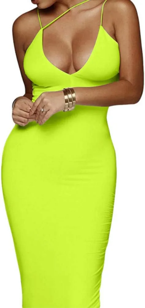 PRIMODA Women's Sexy Neon Asymmetrical Spaghetti Strap Dress Deep V-Neck Sleeveless Bodycon Midi Club Dress