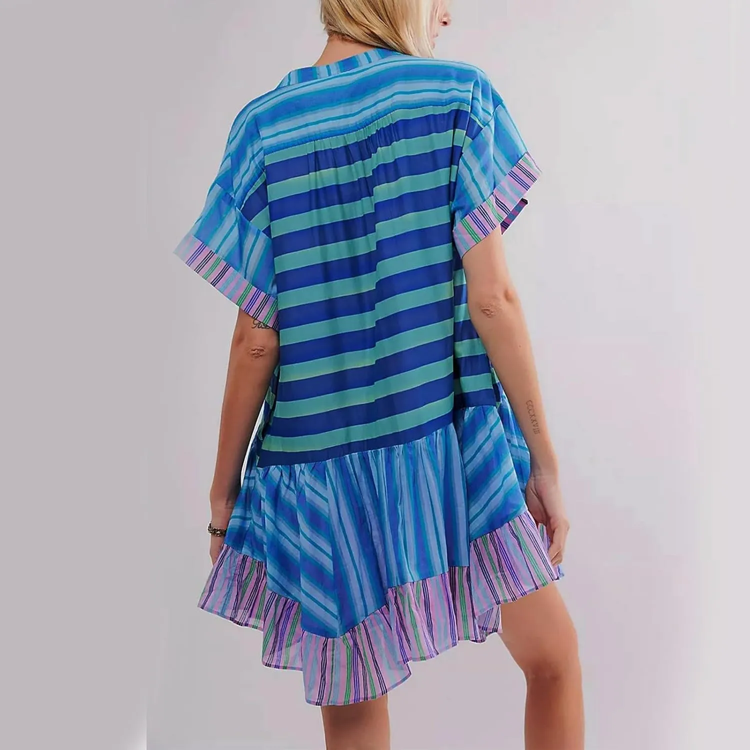 PTOLOCIF Boho Dresses for Women Summer Y2k Babydoll Flowy Dress Ruffle Mini Dress Deep V-Neck Casual Short Dress Sundress