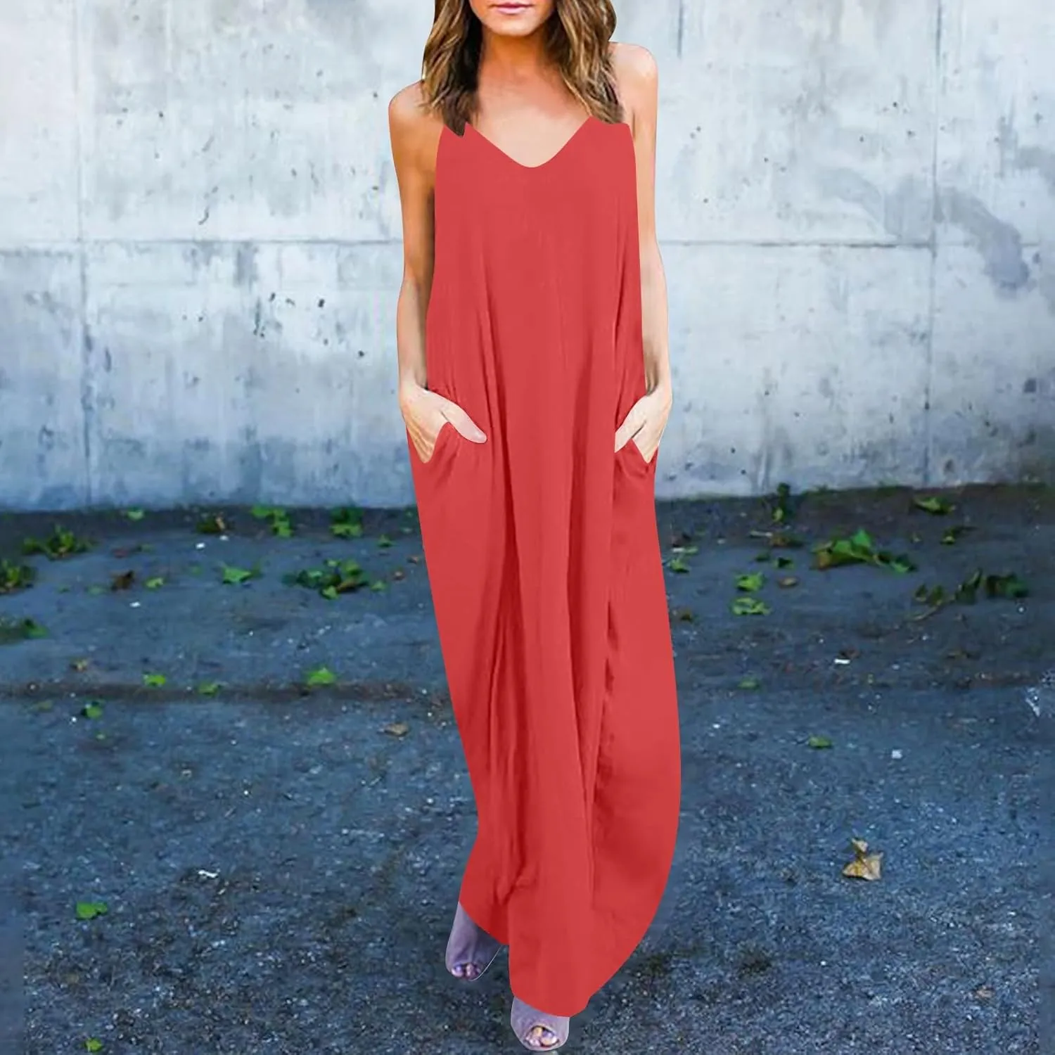 PTOLOCIF Dresses for Women 2025 Spaghetti Strap Backless Beach Tank Dress Casual Flowy Tired V Neck Maxi Dress with Pockets