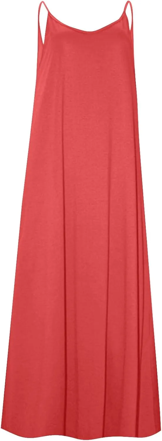 PTOLOCIF Dresses for Women 2025 Spaghetti Strap Backless Beach Tank Dress Casual Flowy Tired V Neck Maxi Dress with Pockets