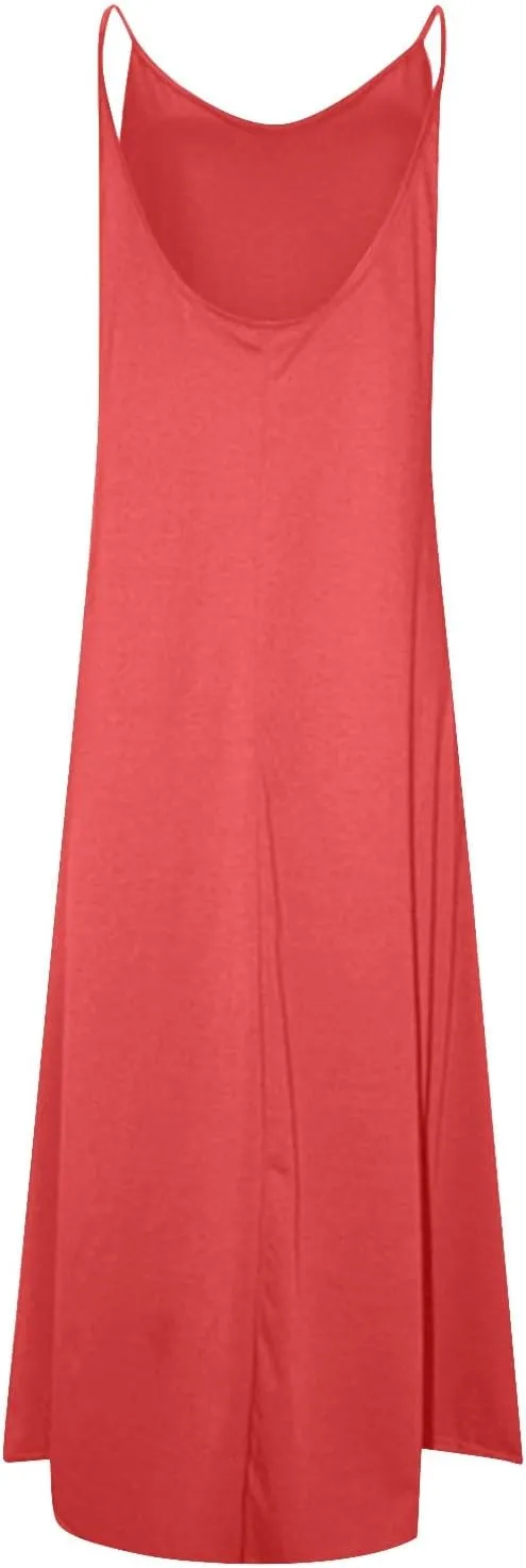 PTOLOCIF Dresses for Women 2025 Spaghetti Strap Backless Beach Tank Dress Casual Flowy Tired V Neck Maxi Dress with Pockets