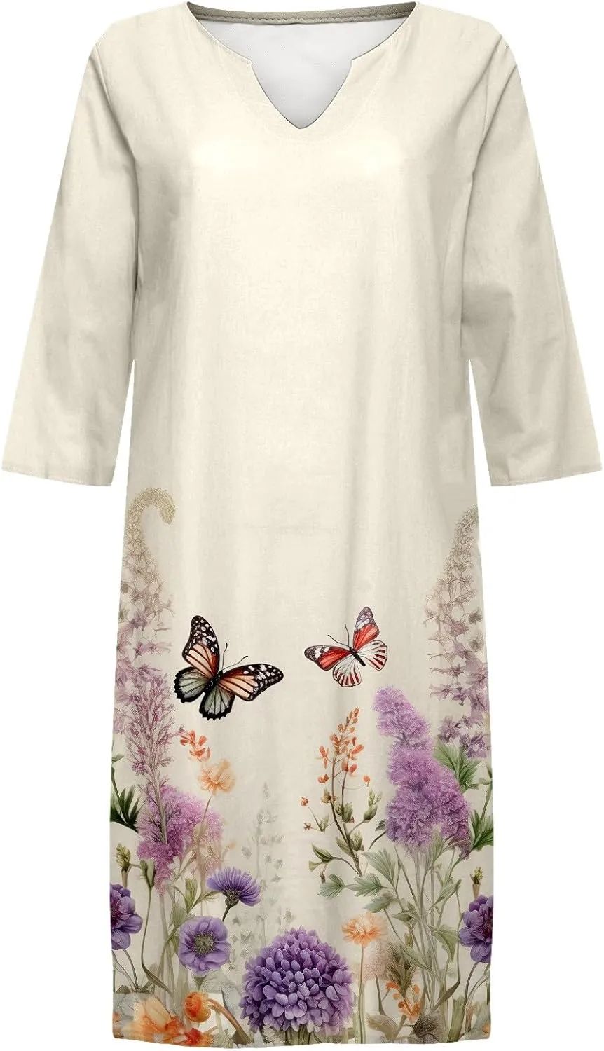 PTOLOCIF Linen Dresses for Women 2025 Trendy Floral Print Boho Midi Dress Half Sleeve V Neck T Shirt Dresses Vacation Outfits