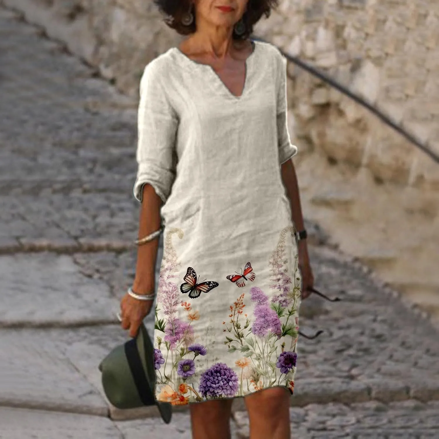 PTOLOCIF Linen Dresses for Women 2025 Trendy Floral Print Boho Midi Dress Half Sleeve V Neck T Shirt Dresses Vacation Outfits