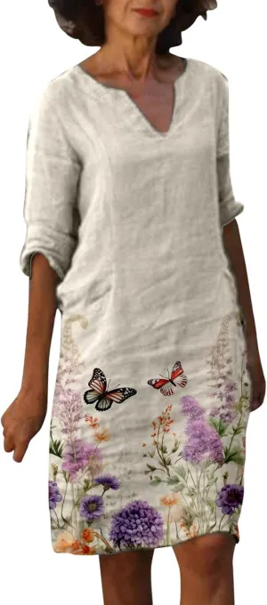 PTOLOCIF Linen Dresses for Women 2025 Trendy Floral Print Boho Midi Dress Half Sleeve V Neck T Shirt Dresses Vacation Outfits