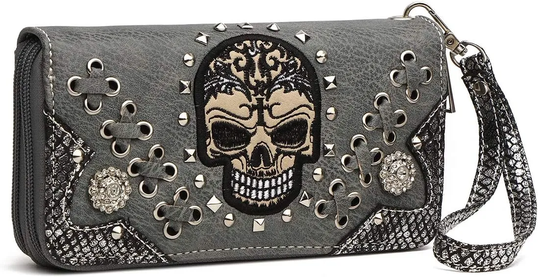 Punk Studs Gothic Skull Chain Art Rivet Buckle Studded Women Wallet Day of the Dead Zipper Wristlet Purse