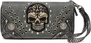 Punk Studs Gothic Skull Chain Art Rivet Buckle Studded Women Wallet Day of the Dead Zipper Wristlet Purse