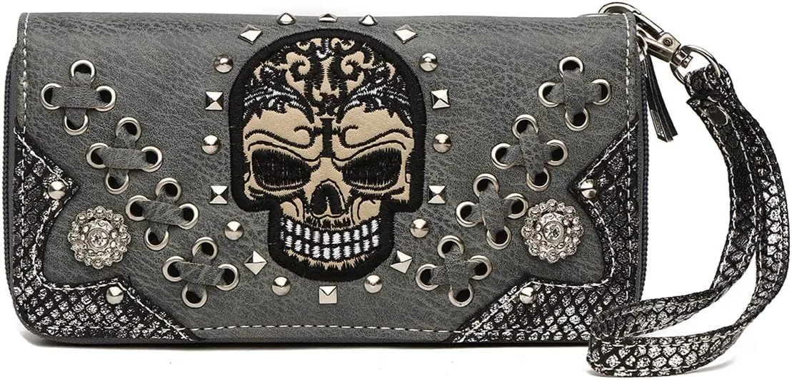 Punk Studs Gothic Skull Chain Art Rivet Buckle Studded Women Wallet Day of the Dead Zipper Wristlet Purse