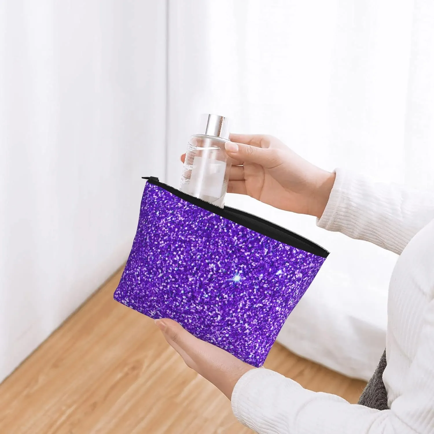purple Glitter Sparkle texture Cosmetic Bags For Women Small Makeup Bag For Purse Travel Toiletry Bag Accessories Organizer Zipper Pouch Gift Idea