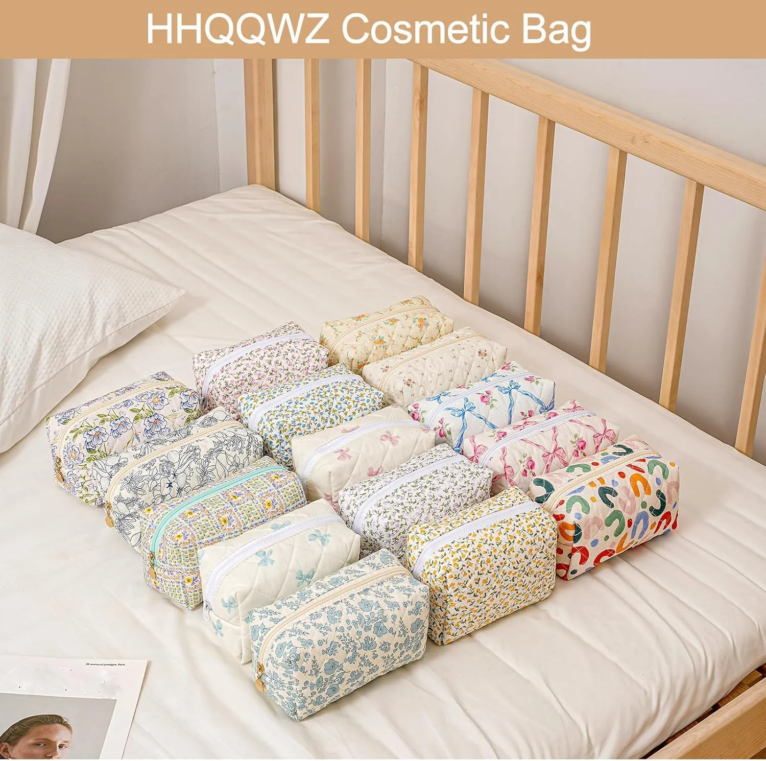 Quilted Cotton Makeup Bag Travel Cosmetic Bag for Women Girls, Zipper Make Up Pouch, Bow Pattern Toiletry Organizer Makeup, Portable Storage Bag (Pink Bowknot)