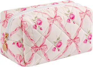 Quilted Cotton Makeup Bag Travel Cosmetic Bag for Women Girls, Zipper Make Up Pouch, Bow Pattern Toiletry Organizer Makeup, Portable Storage Bag (Pink Bowknot)