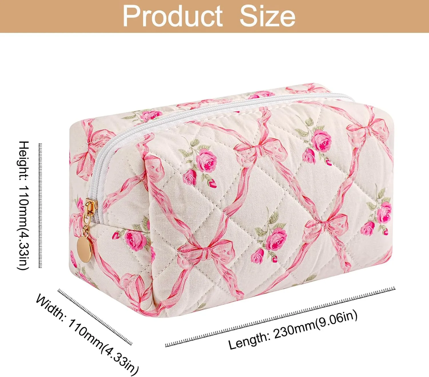 Quilted Cotton Makeup Bag Travel Cosmetic Bag for Women Girls, Zipper Make Up Pouch, Bow Pattern Toiletry Organizer Makeup, Portable Storage Bag (Pink Bowknot)