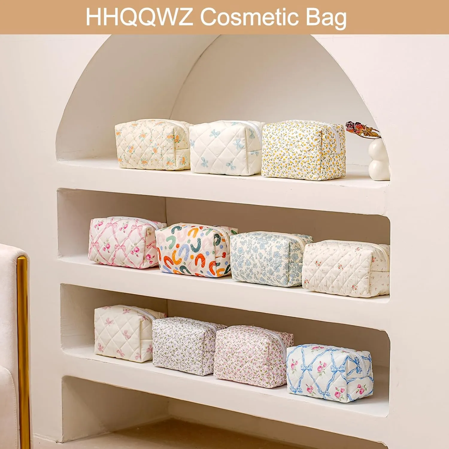 Quilted Cotton Makeup Bag Travel Cosmetic Bag for Women Girls, Zipper Make Up Pouch, Bow Pattern Toiletry Organizer Makeup, Portable Storage Bag (Pink Bowknot)