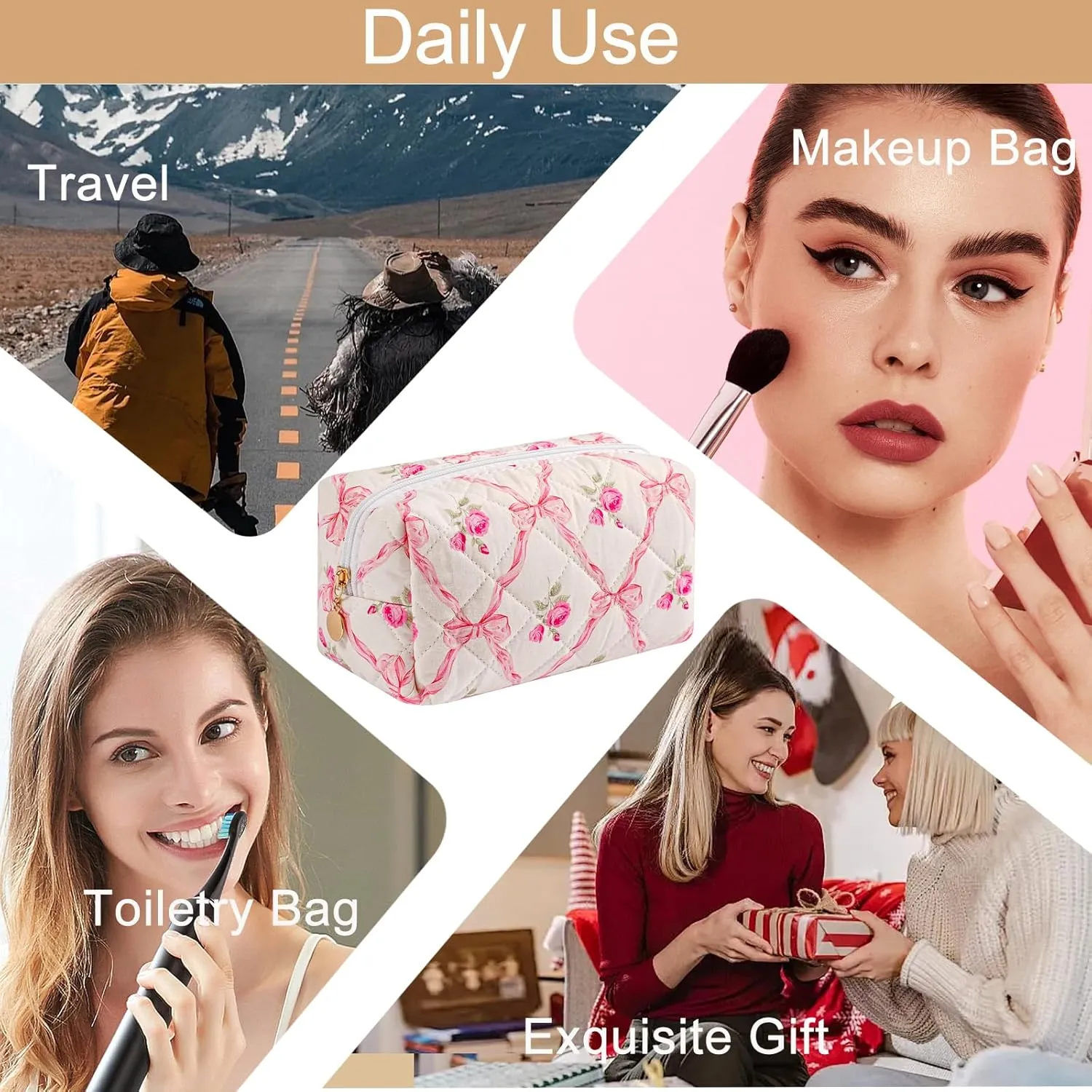 Quilted Cotton Makeup Bag Travel Cosmetic Bag for Women Girls, Zipper Make Up Pouch, Bow Pattern Toiletry Organizer Makeup, Portable Storage Bag (Pink Bowknot)