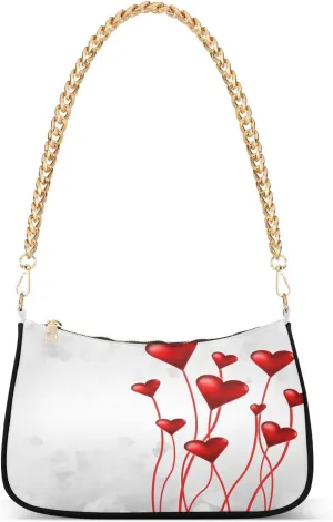 Red Hearts Shoulder Handbags for Women Travel Hobo Tote Handbag Women Gold Chain Shoulder Bags Purse with Zipper Closure
