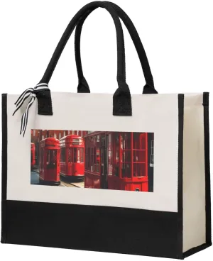 Red London Street Print Large Capacity Bag Shopping Tote Bags Canvas Tote Bag for Women Eco-Friendly