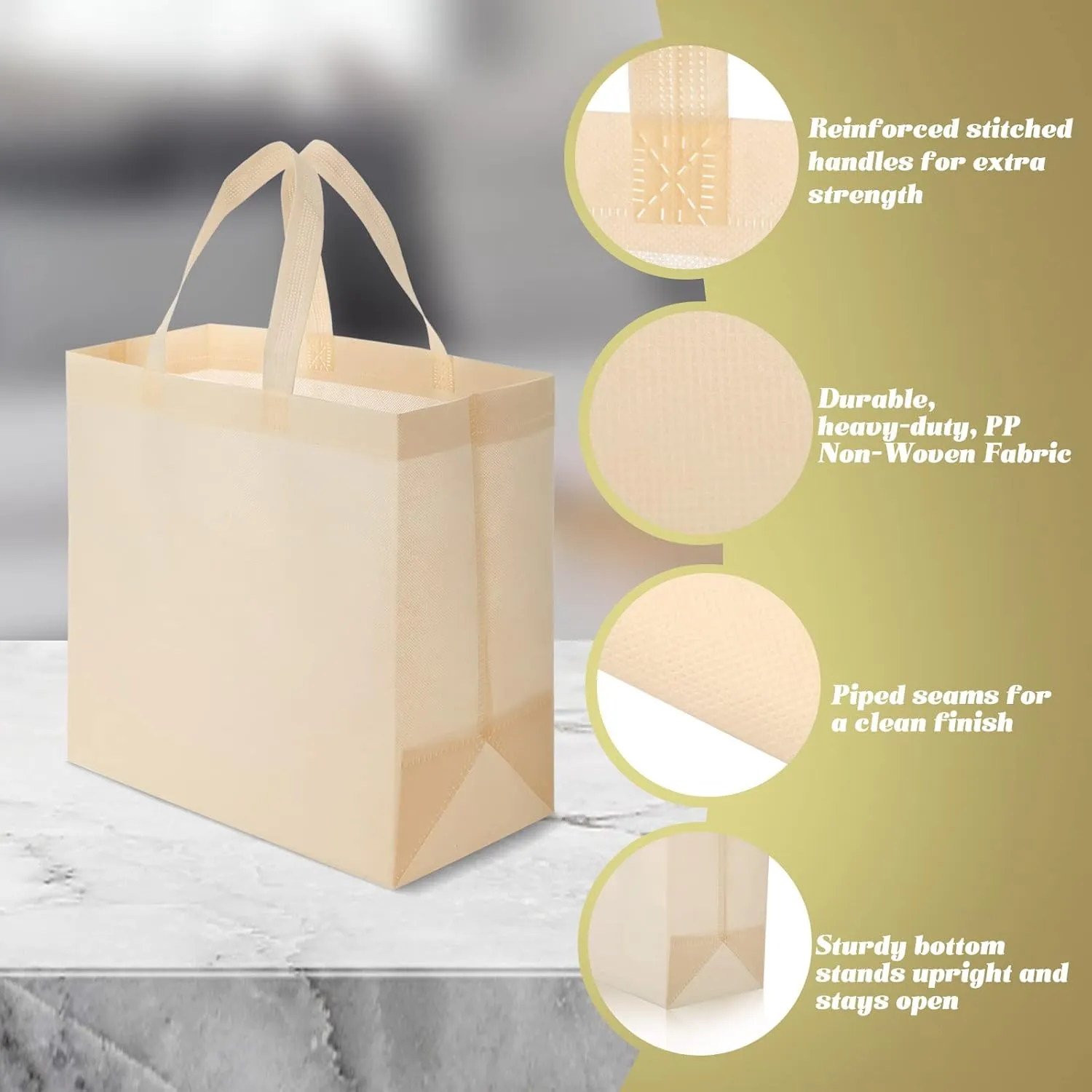 Reginary 50 Pieces Reusable Totes Bag Bulk Shopping Bags Non Woven Grocery handbag with Handles Foldable for Boutiques(Beige)