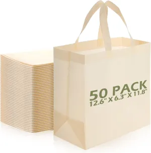 Reginary 50 Pieces Reusable Totes Bag Bulk Shopping Bags Non Woven Grocery handbag with Handles Foldable for Boutiques(Beige)