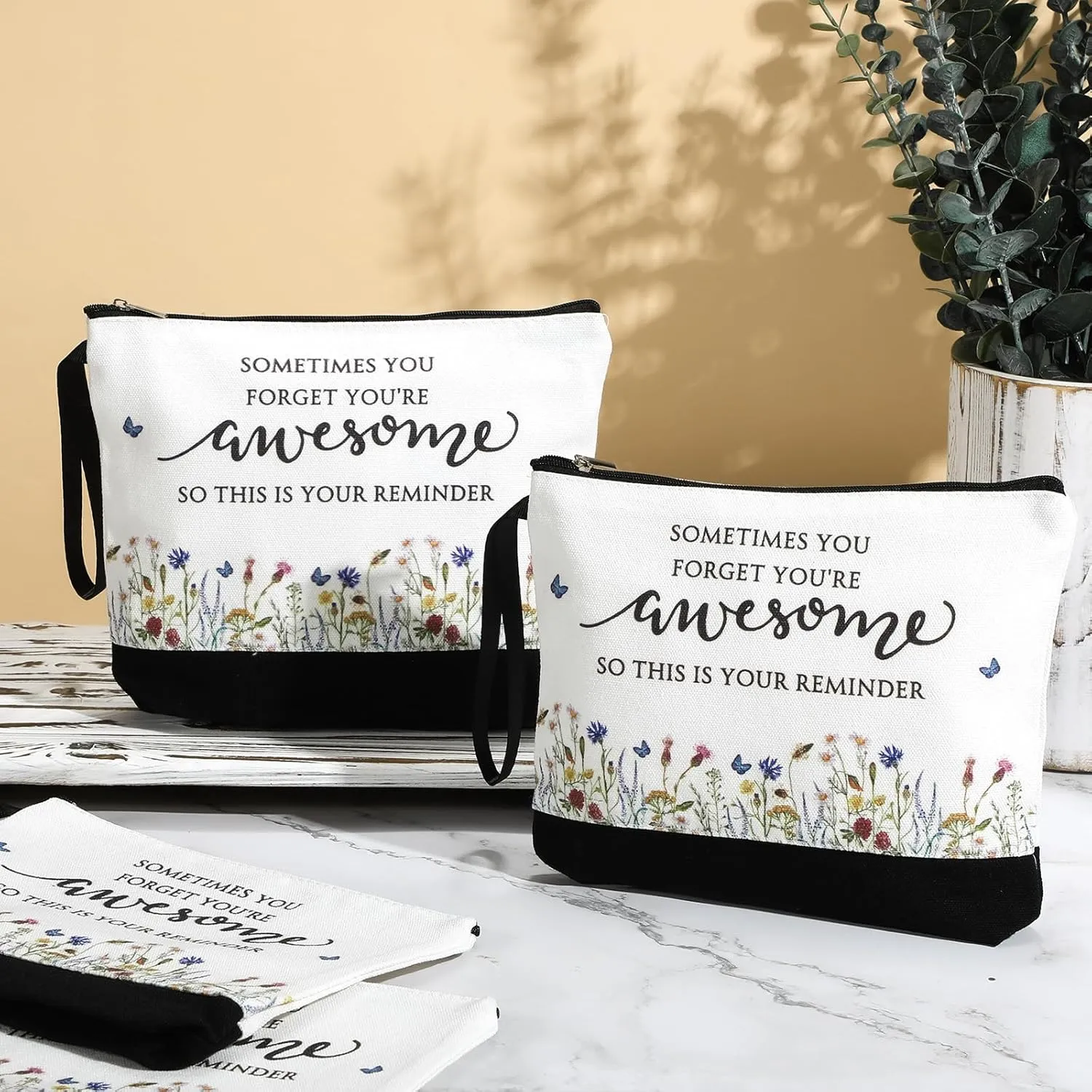 Reginary Bulk Volunteers' Week Gift for Women Inspirational Makeup Bags Motivational Flower Canvas Cosmetic Bag with Zipper Thank You Gifts for Employee Coworker Cna Graduation, 9 x 6. 7 in(15 Pcs)