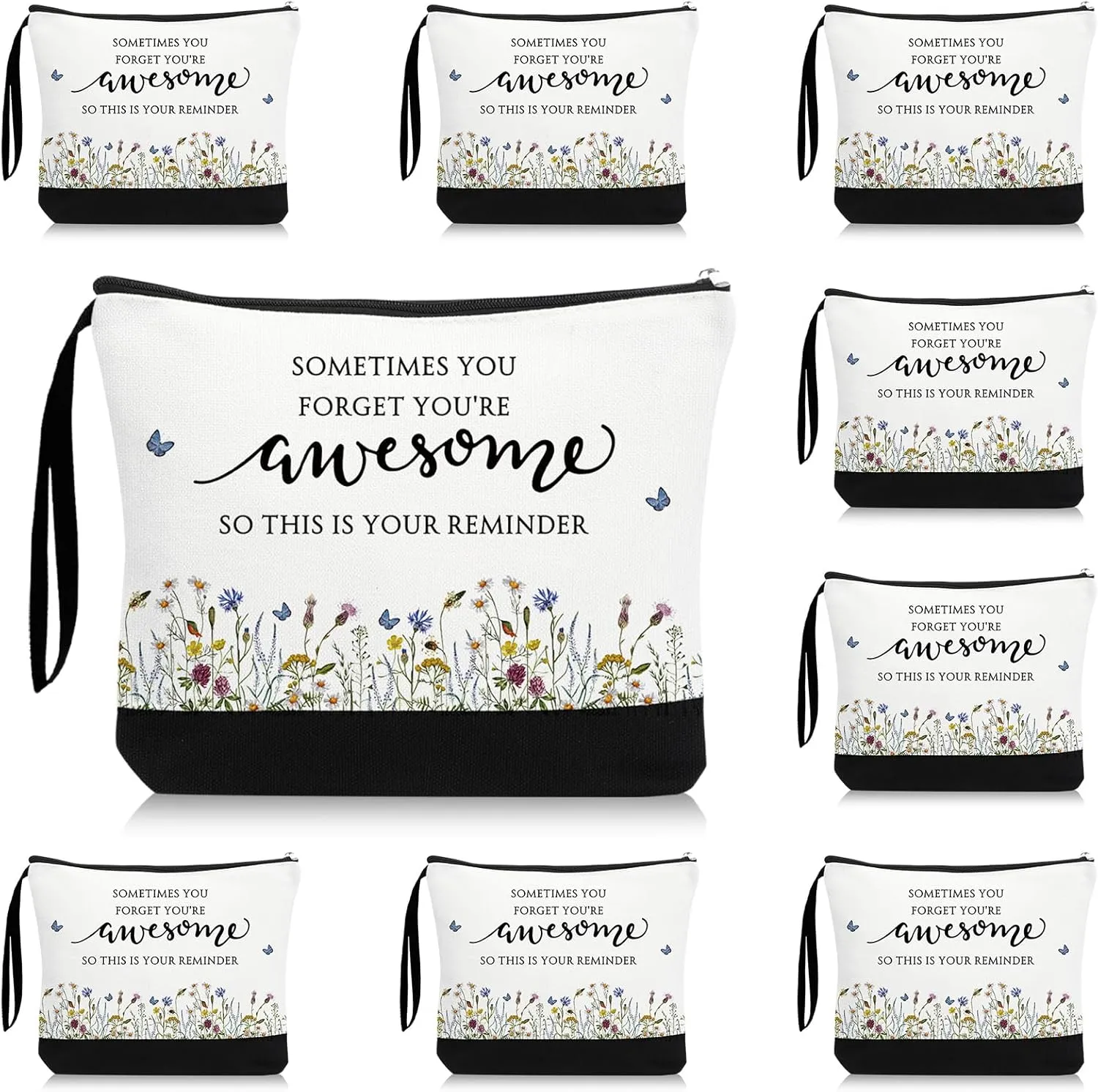 Reginary Bulk Volunteers' Week Gift for Women Inspirational Makeup Bags Motivational Flower Canvas Cosmetic Bag with Zipper Thank You Gifts for Employee Coworker Cna Graduation, 9 x 6. 7 in(15 Pcs)