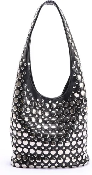 Rejolly Studded Shoulder Bag for Women Studs Hobo Purses Y2k 90s Punk Vegan Leather Designer Underarm Handbag
