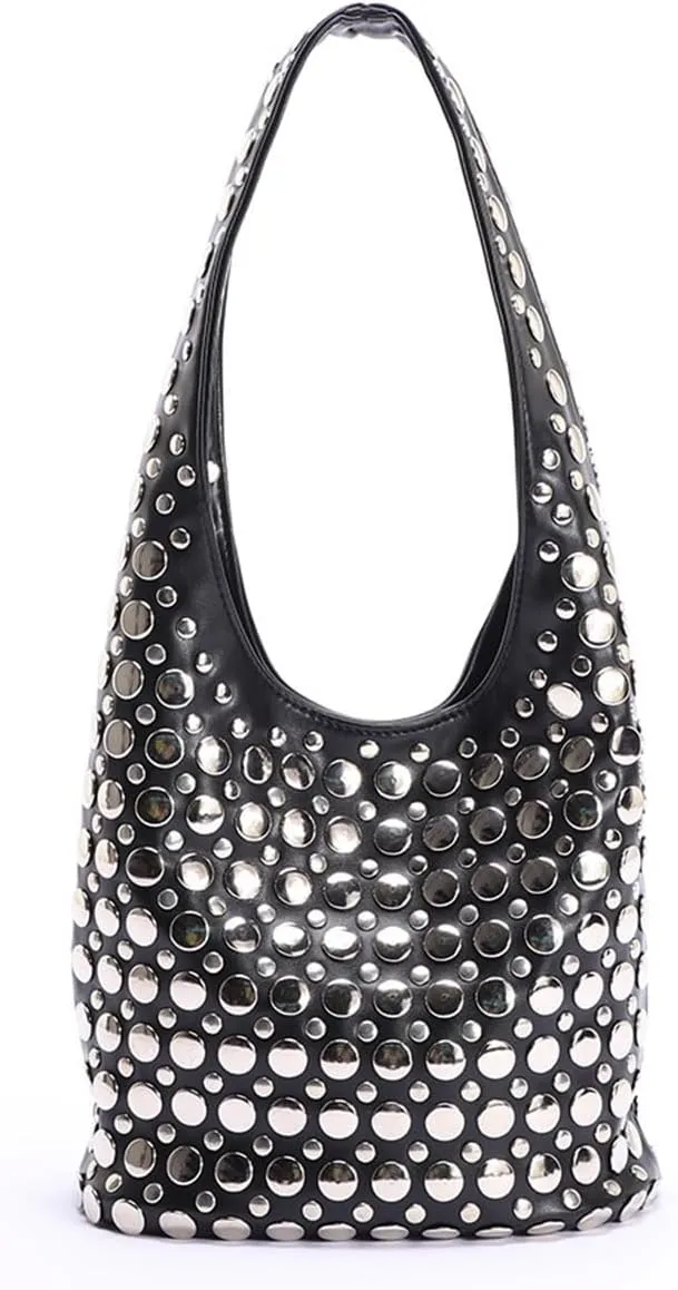 Rejolly Studded Shoulder Bag for Women Studs Hobo Purses Y2k 90s Punk Vegan Leather Designer Underarm Handbag