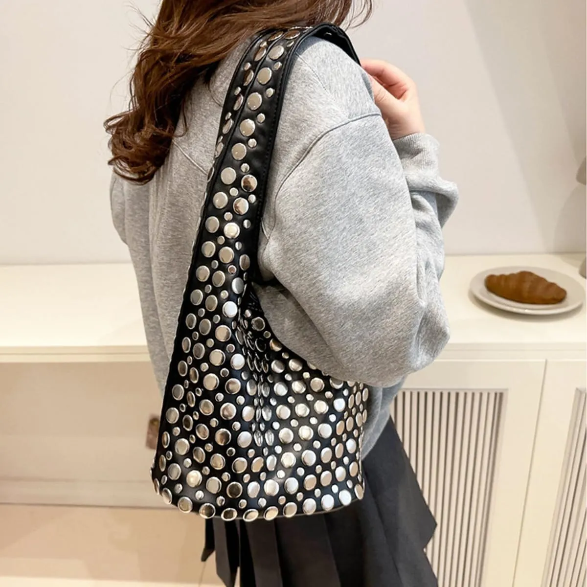Rejolly Studded Shoulder Bag for Women Studs Hobo Purses Y2k 90s Punk Vegan Leather Designer Underarm Handbag