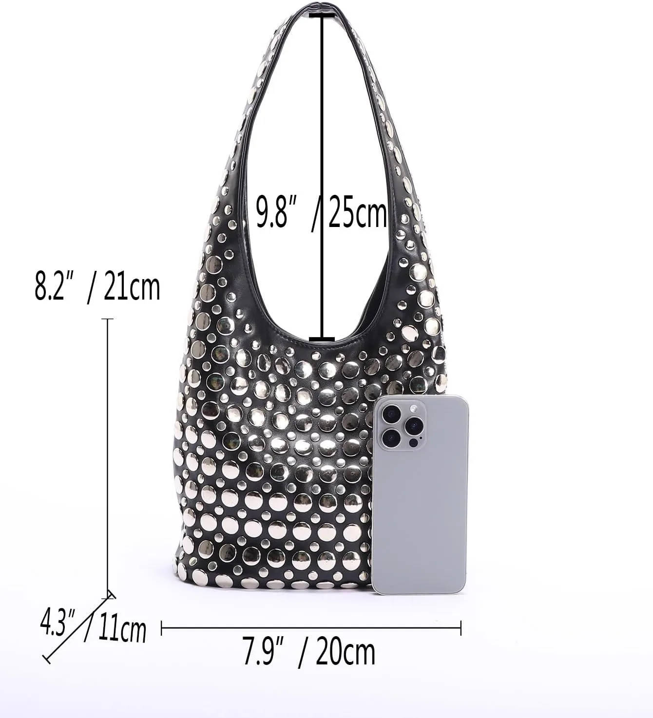 Rejolly Studded Shoulder Bag for Women Studs Hobo Purses Y2k 90s Punk Vegan Leather Designer Underarm Handbag