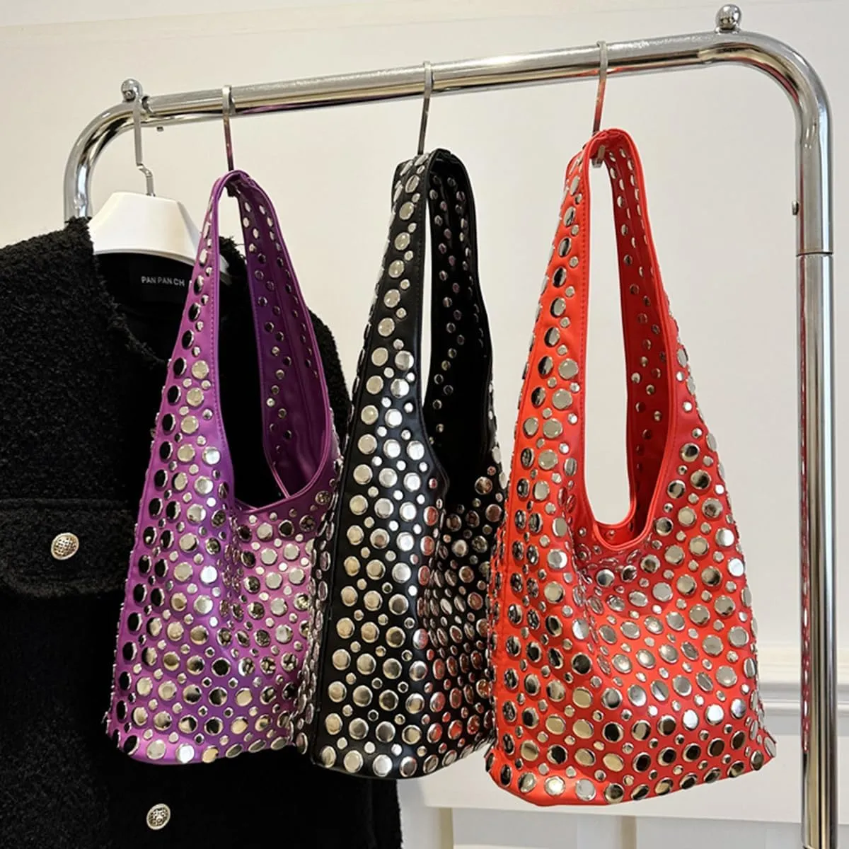Rejolly Studded Shoulder Bag for Women Studs Hobo Purses Y2k 90s Punk Vegan Leather Designer Underarm Handbag