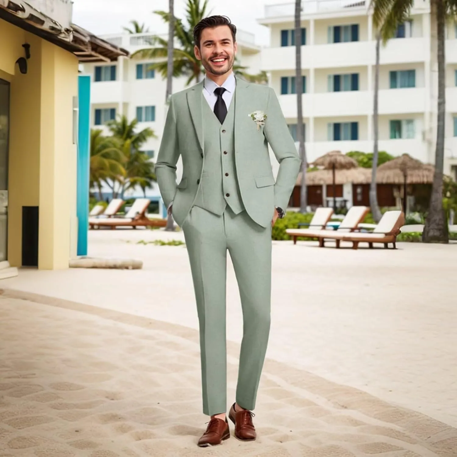Retro Mens Linen Suit Slim Fit 3 Piece Summer Wedding Suit Casual Beach Linen Suits for Men Prom Jacket Vest Pant Set