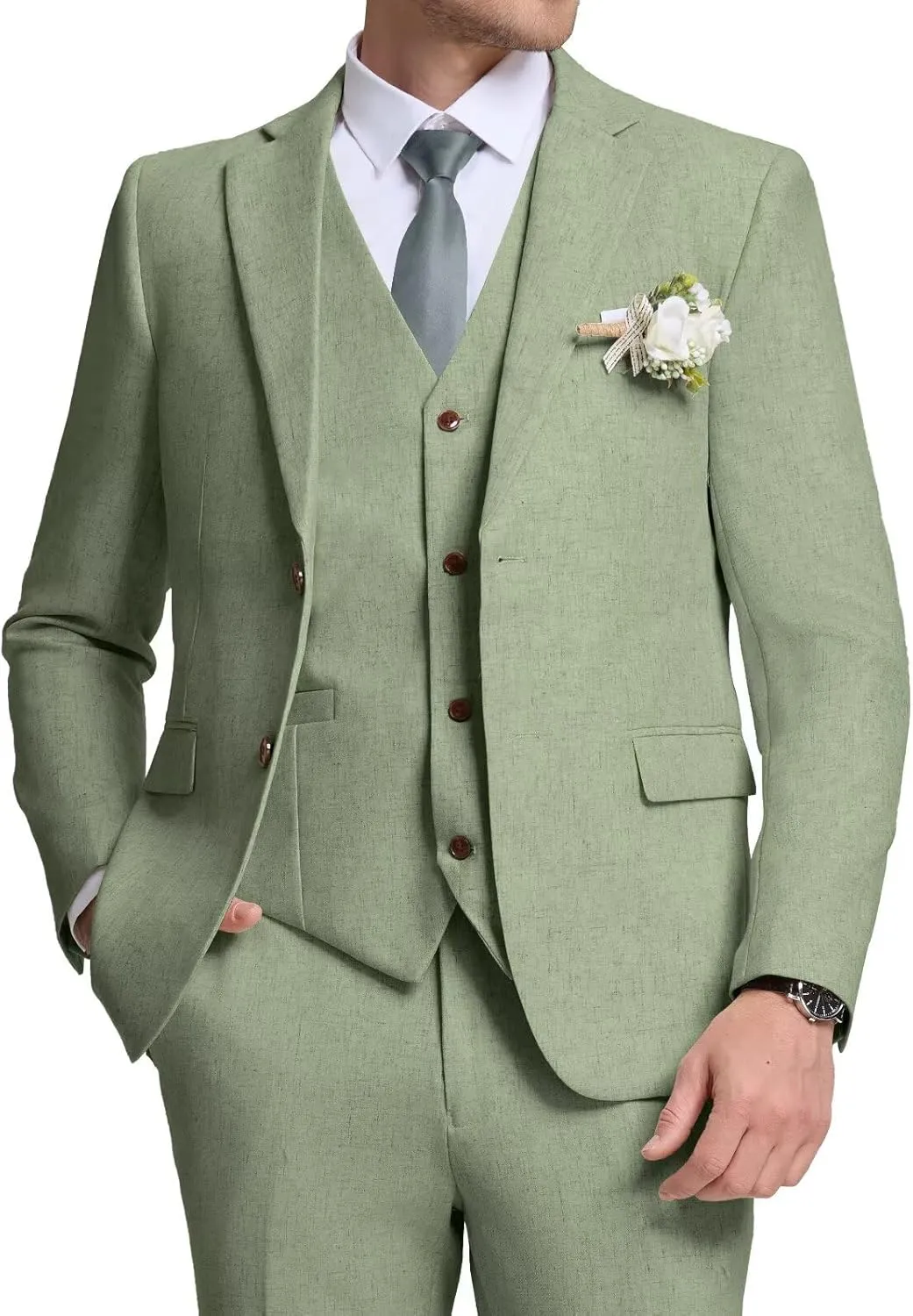 Retro Mens Linen Suit Slim Fit 3 Piece Summer Wedding Suit Casual Beach Linen Suits for Men Prom Jacket Vest Pant Set