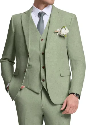 Retro Mens Linen Suit Slim Fit 3 Piece Summer Wedding Suit Casual Beach Linen Suits for Men Prom Jacket Vest Pant Set